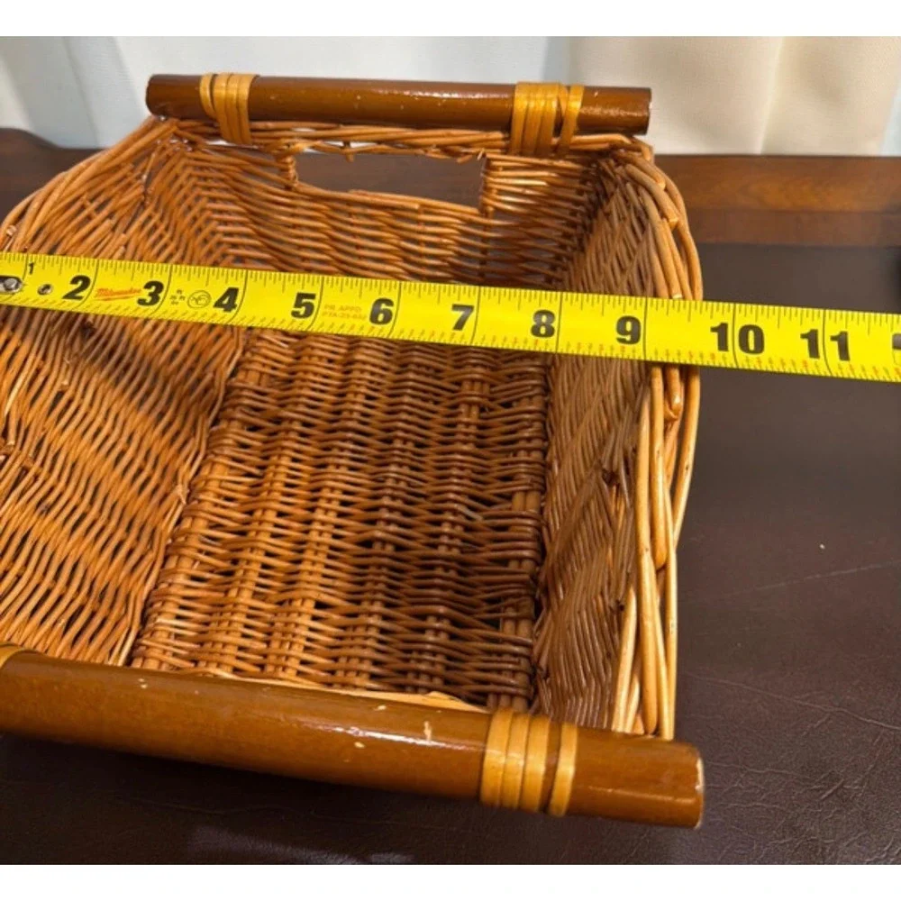 Vintage Willow Wicker Storage Basket Pole Handle Wood Dowel Rustic 11.5